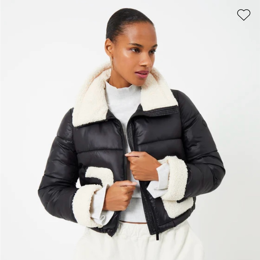 French Connection Black Short Puffer Coat with Contrast Trim